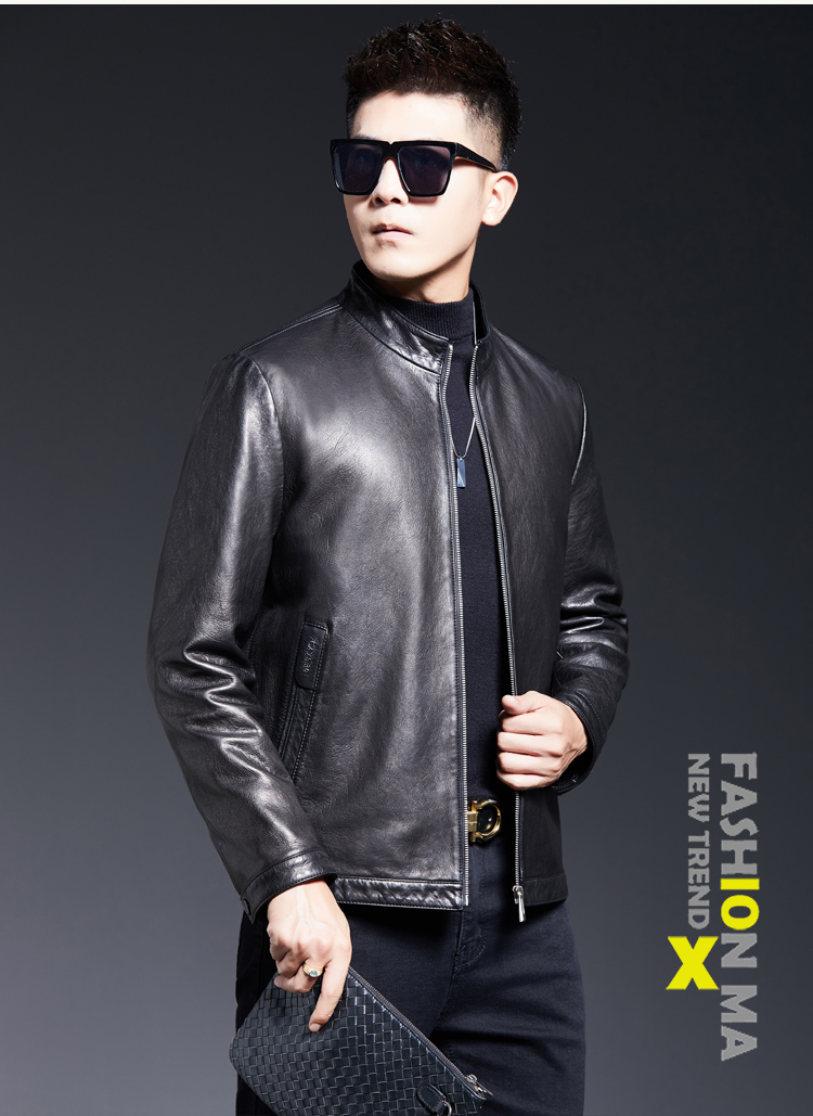 皮尔卡丹男士真皮皮衣外套新款海宁秋季油蜡绵羊皮真皮皮夹克立领修身