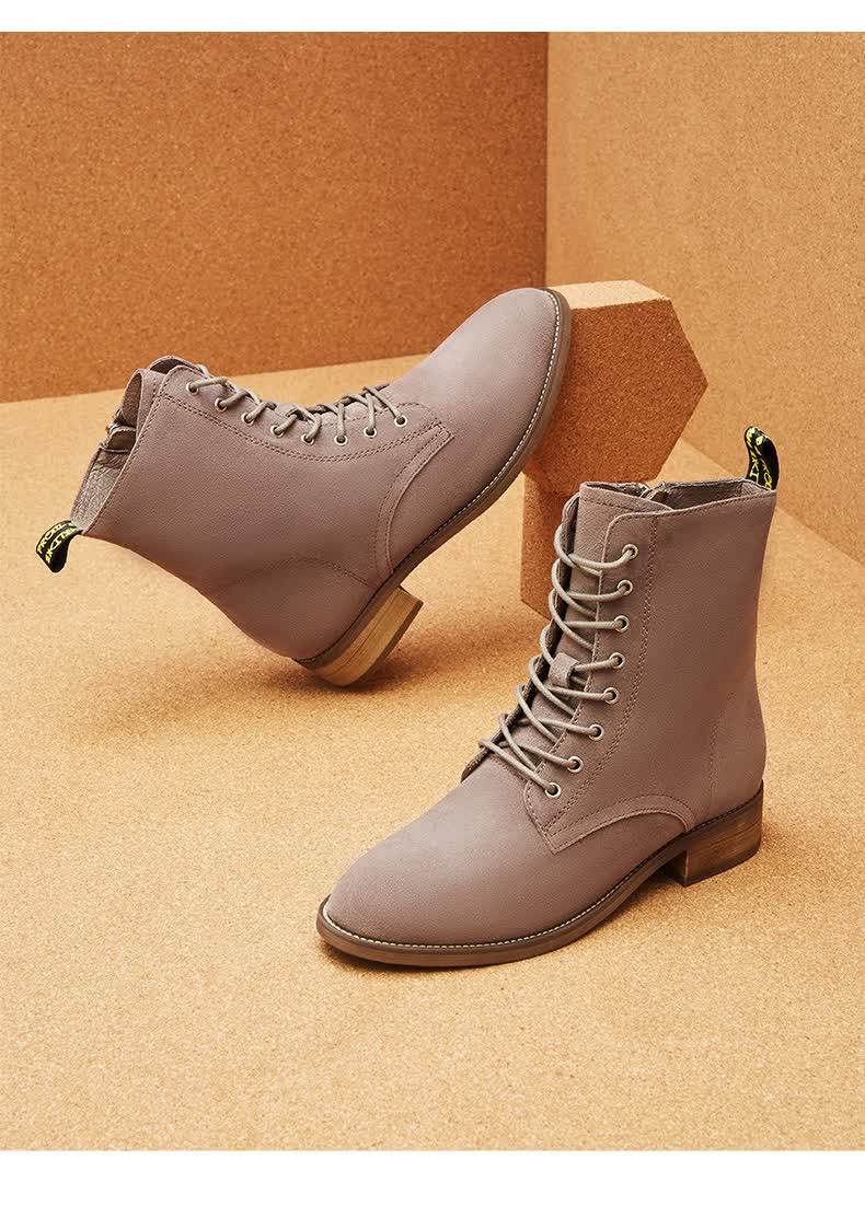 热风冬新款小清新时尚短靴女系带青年休闲时装靴短筒韩版个性马丁靴潮