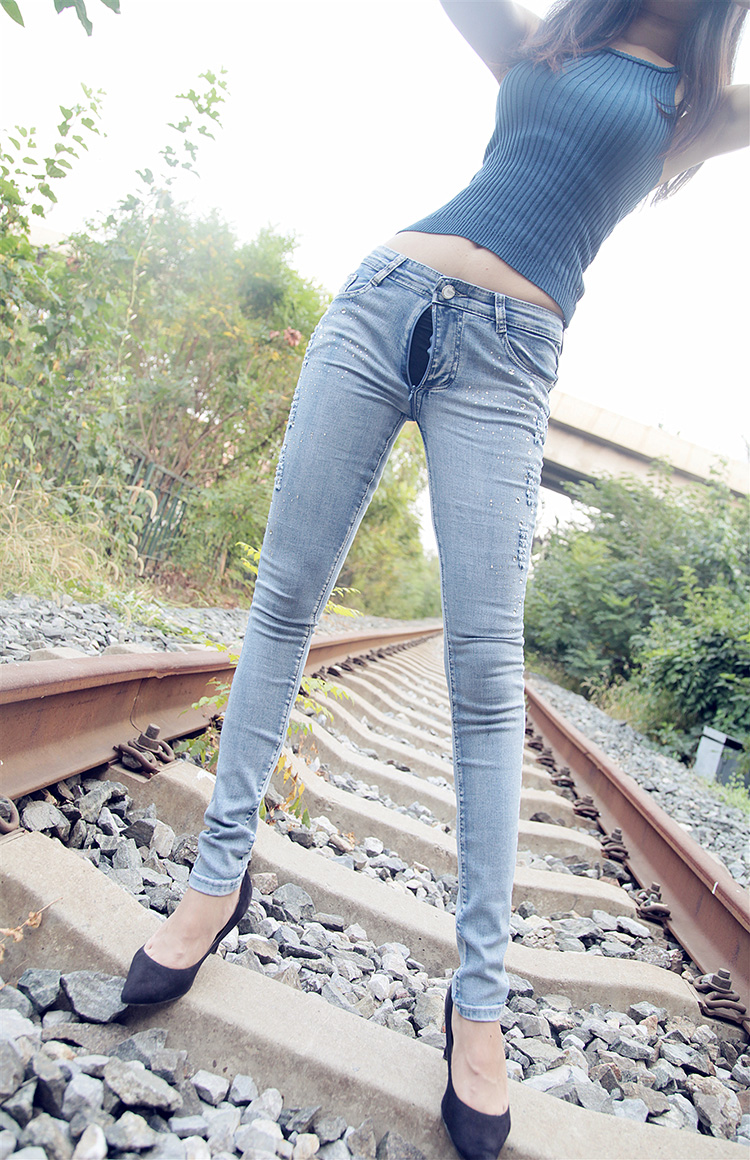 全拉链裤女户外隐形拉链开裆牛仔裤情侣约会镂空紧身裤 浅蓝色 3xl