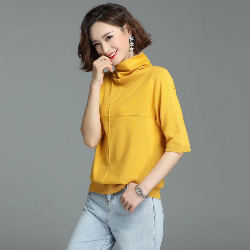 帕千雪针织衫女时尚短袖夏季短袖2021夏新款宽松半袖上衣春秋季高领