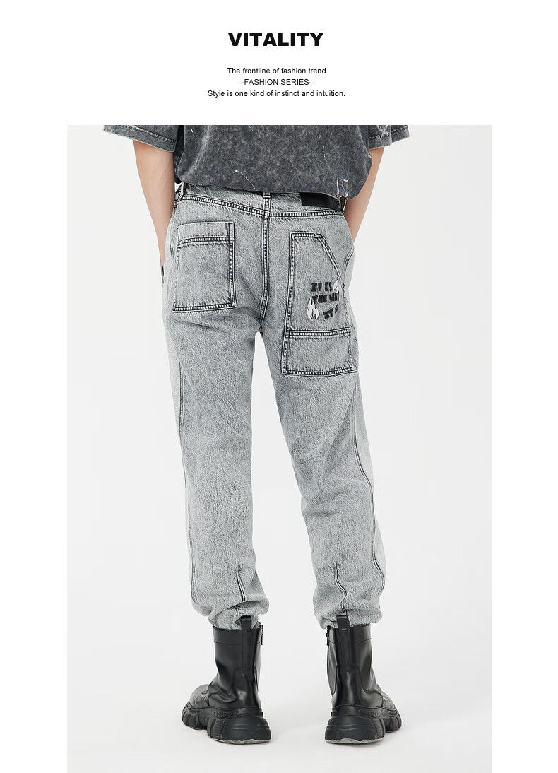 商场同款cabbeen卡宾男装灰色牛仔裤男青年长裤男士裤子男拼接刺绣潮