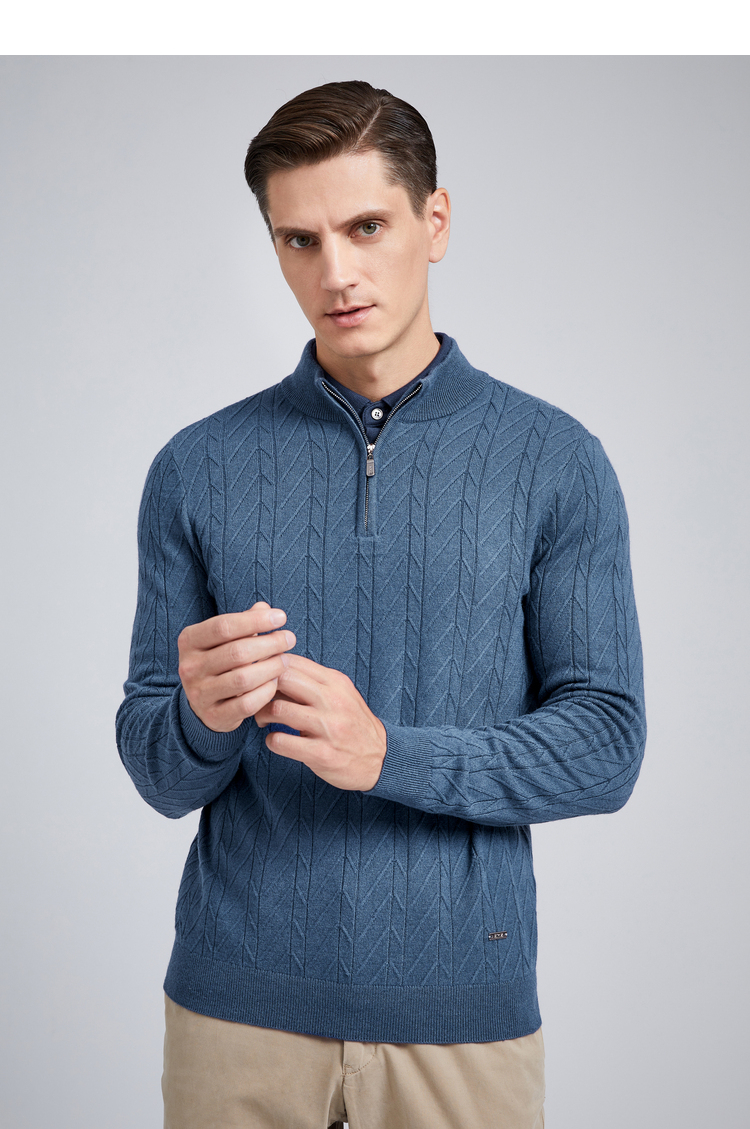 鄂尔多斯emz早春半拉链提花羊毛衫男士轻盈保暖毛衣针织衫含山羊绒中