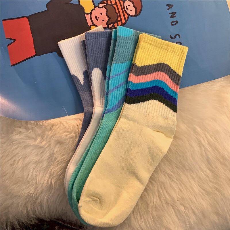 袜子男生中长筒棉质袜薄款运动白袜孑春夏季中大 潮牌系列【蓝白拼接