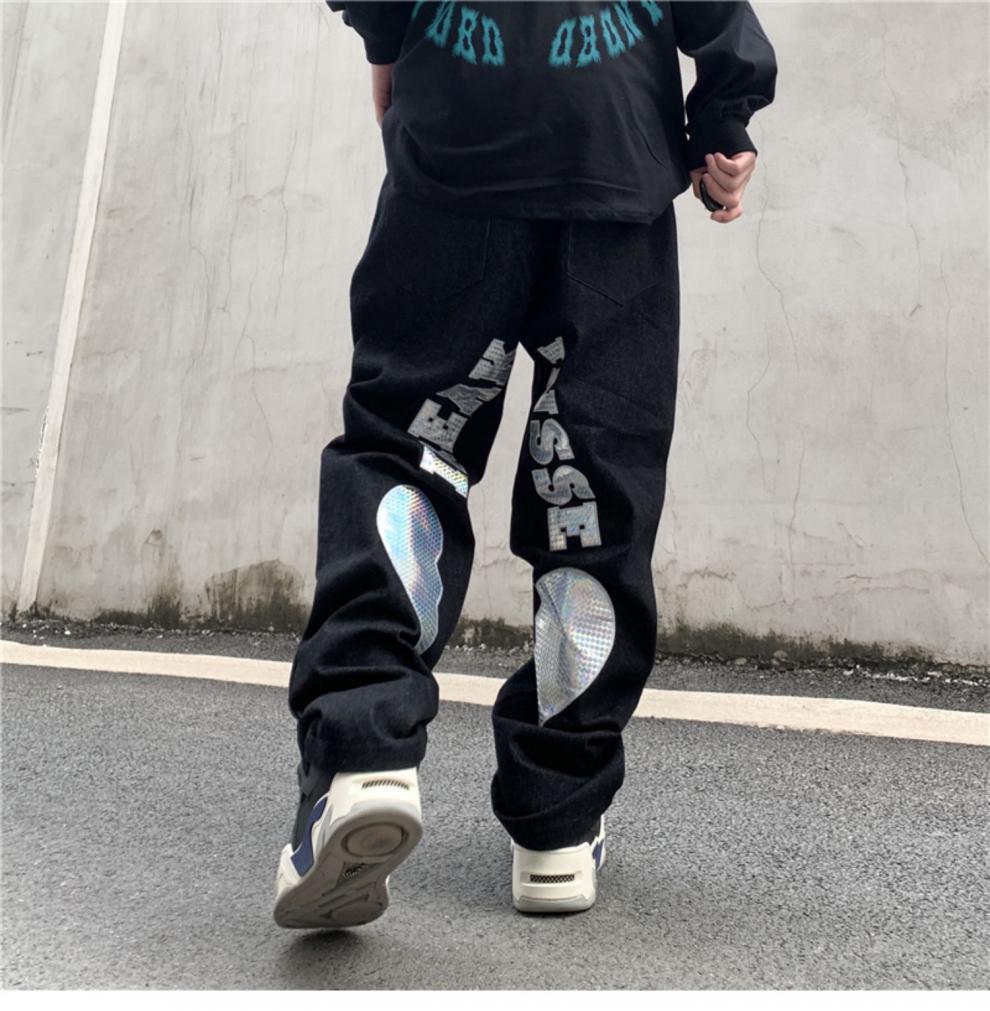 携鱼高街美式hiphop裤子宽松爱心牛仔裤男嘻哈炸街oversize直筒裤痞帅