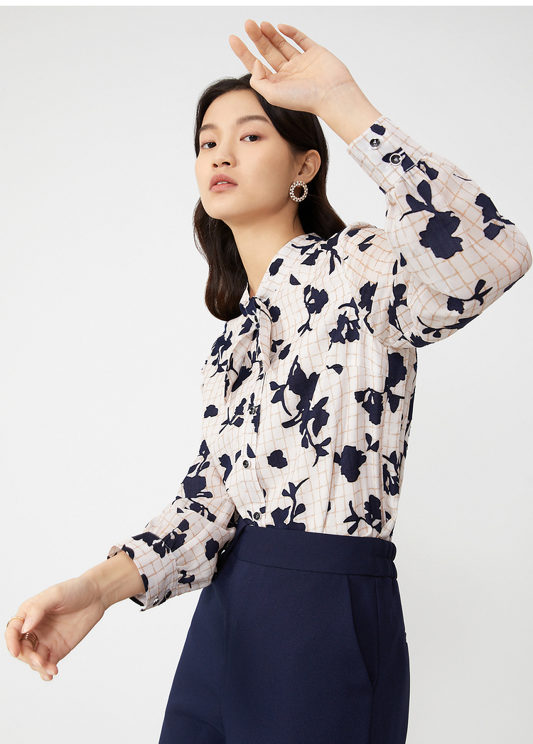 yiner音儿女装春季新款格纹蝴蝶结领衬衫上衣杏色42