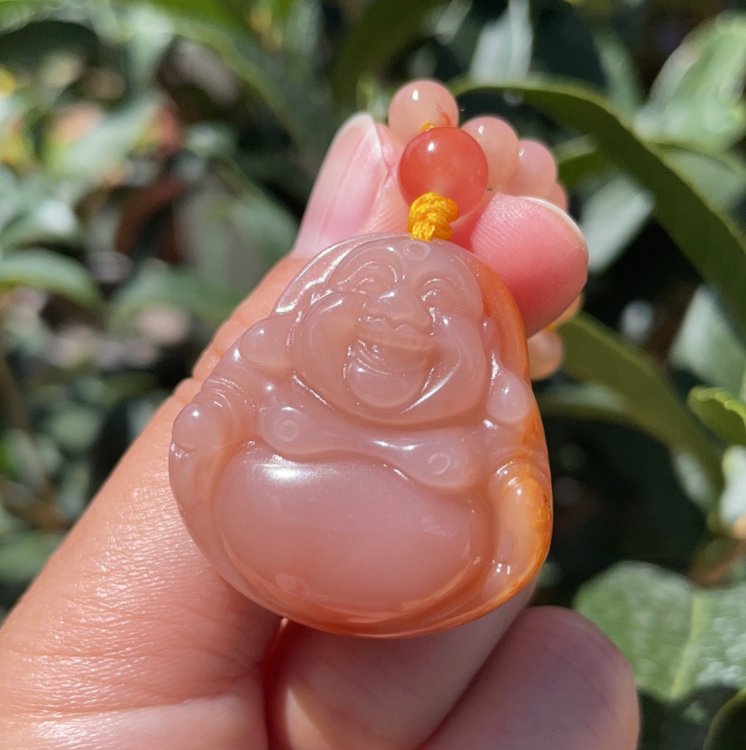 k&k宝钰天然黄龙玉豆沙粉红大肚弥勒笑哈哈佛吊坠挂件证书新款