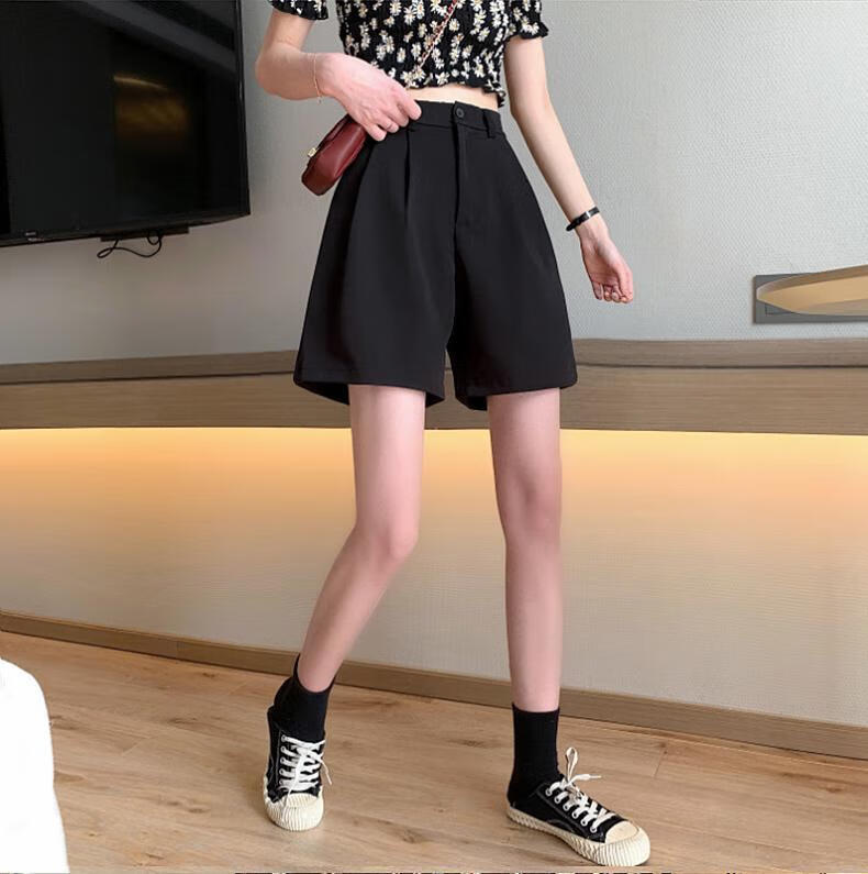 xiaofen纯棉夏季薄款小个子五分短裤女夏宽松高腰裤潮黑色中裤五分裤