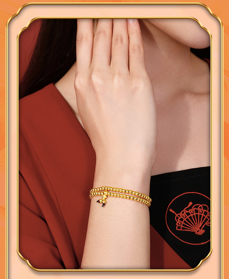 六桂福福韵古法黄金手链故宫系列福寿绵绵手串足金素金两圈女款手饰