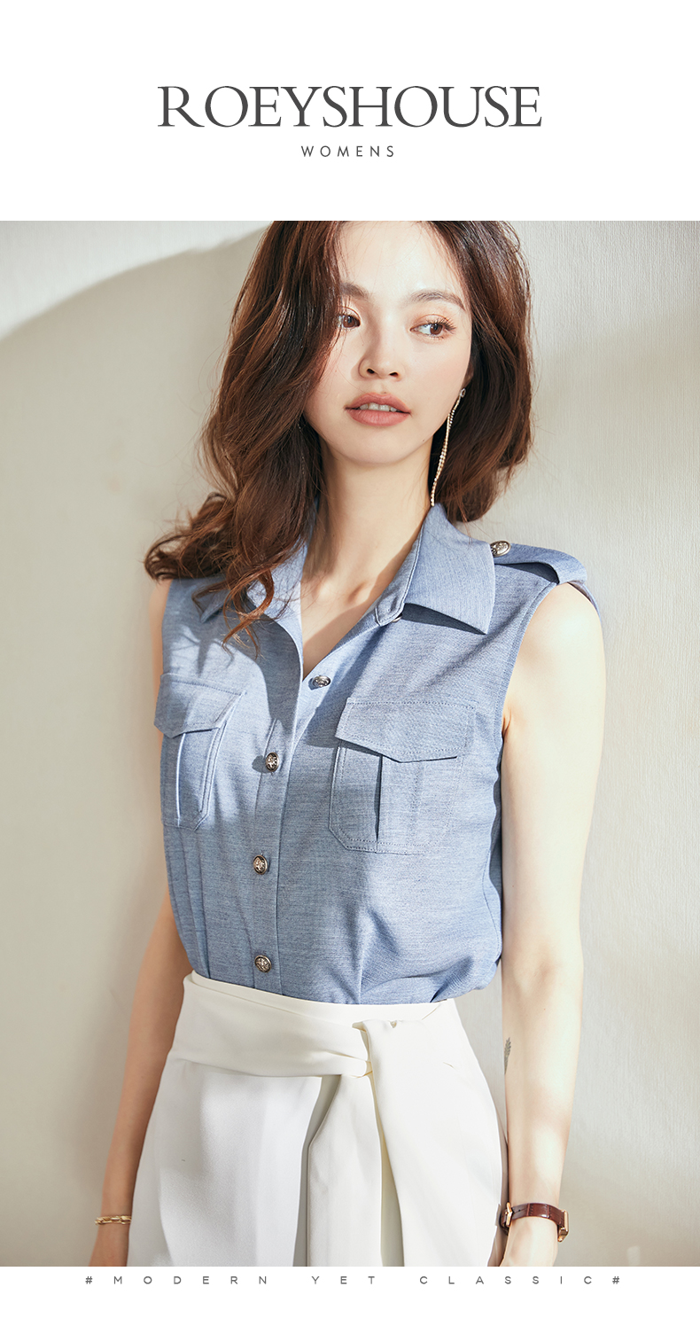 罗衣知性通勤polo衬衫女夏装新款无袖衬衣气质纯色上衣04496灰蓝色l