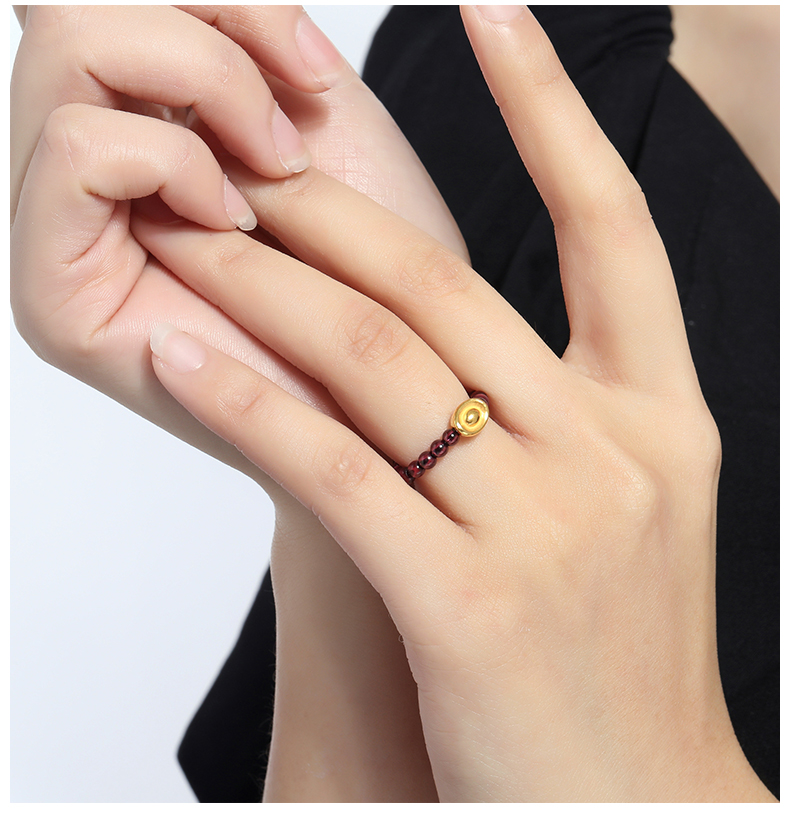 老凤凰款999足金戒指女黄金福袋石榴石串珠戒指小珠子指环尾戒链戒软