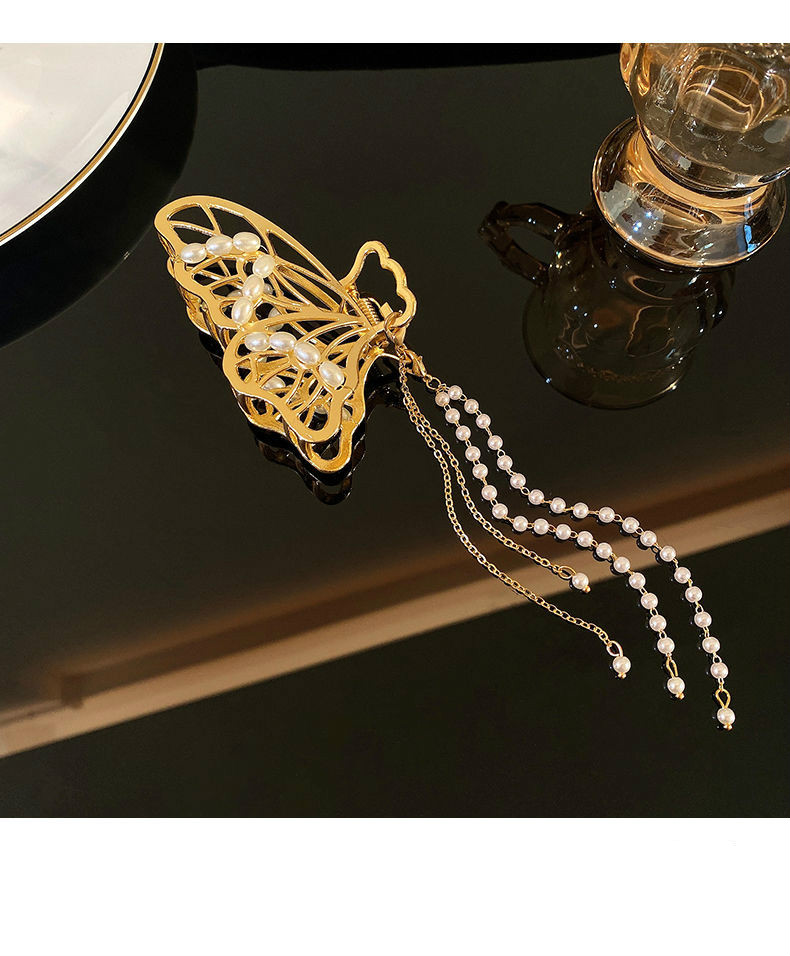 日韩金属蝴蝶流苏抓夹古风少女大号鲨鱼珍珠发卡头饰后脑勺发夹合金