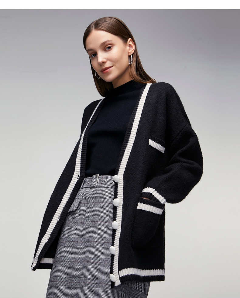 g2000女装2021新款oversize针织开衫黑白撞色减龄v领慵懒外套16771330