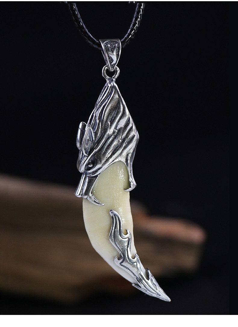 银狼牙男士项链真牙藏獒牙吊坠银套真品黑狗牙潮女挂件925银森林狼素