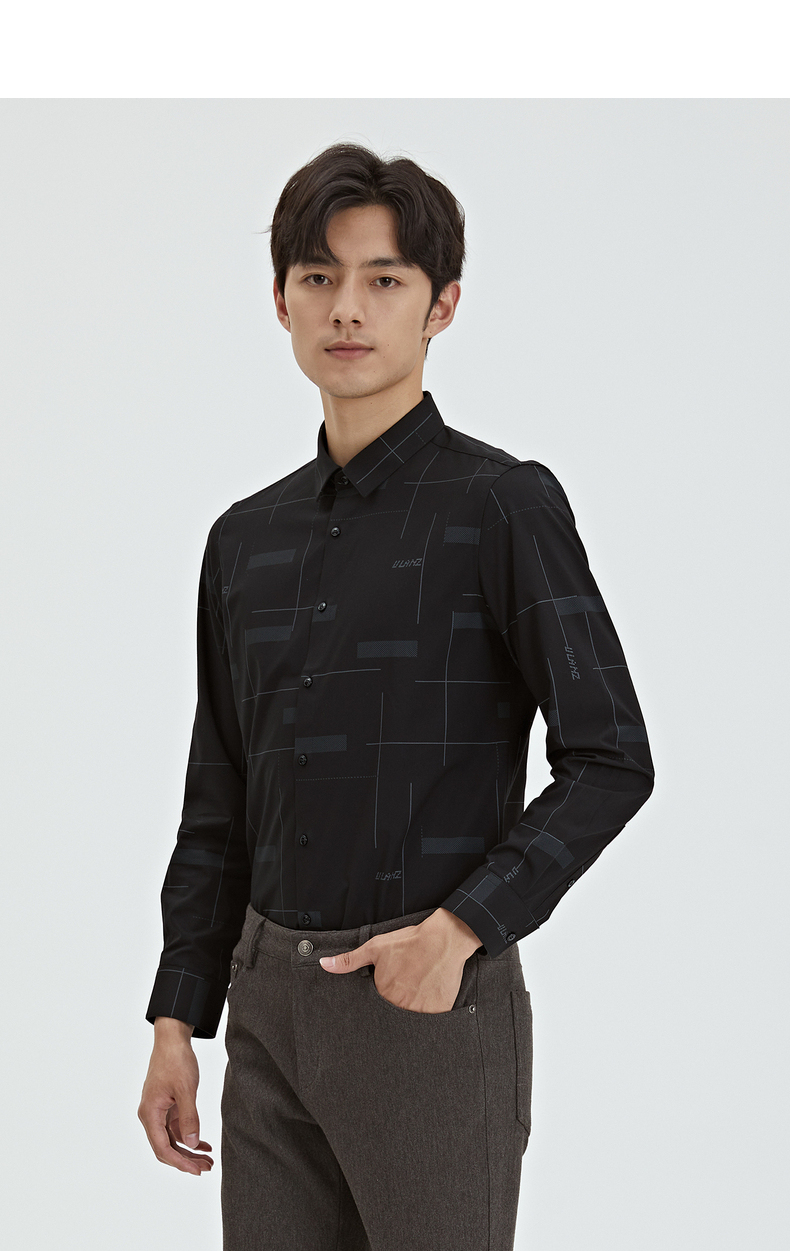 利郎休闲衬衫男长袖修身印花时尚2021秋季新款男士衬衣 黑(g1qxc0011s