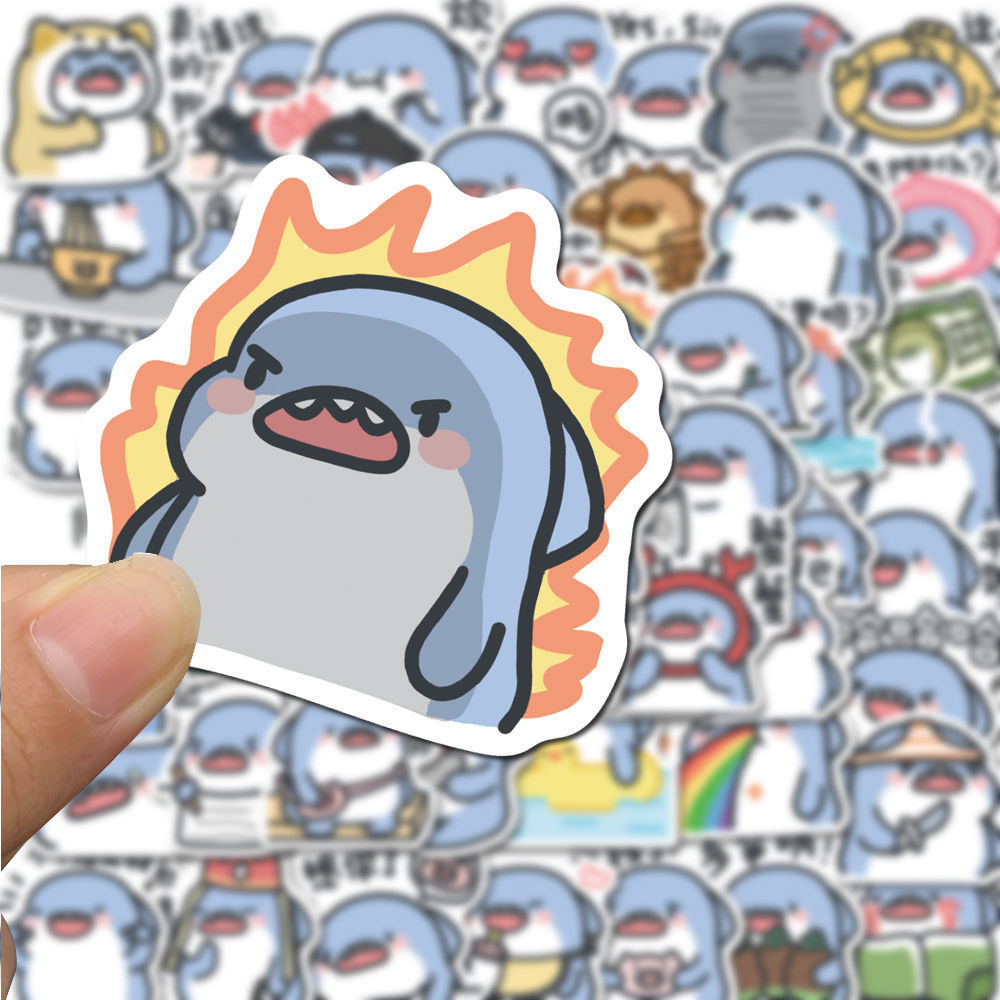 60张肥肥鲨小鲨鱼表情包贴纸搞笑网红可爱卡通创意装饰防水贴纸6月19