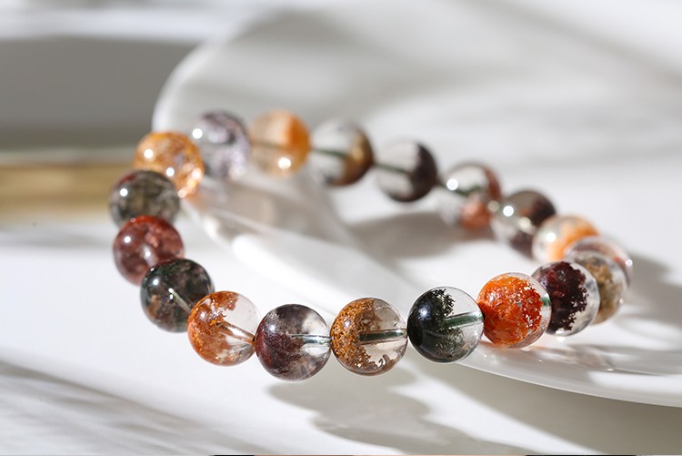 顶盈天然彩幽灵手链聚宝盆四季水晶手串男女款白红花半盆景7a饰品8