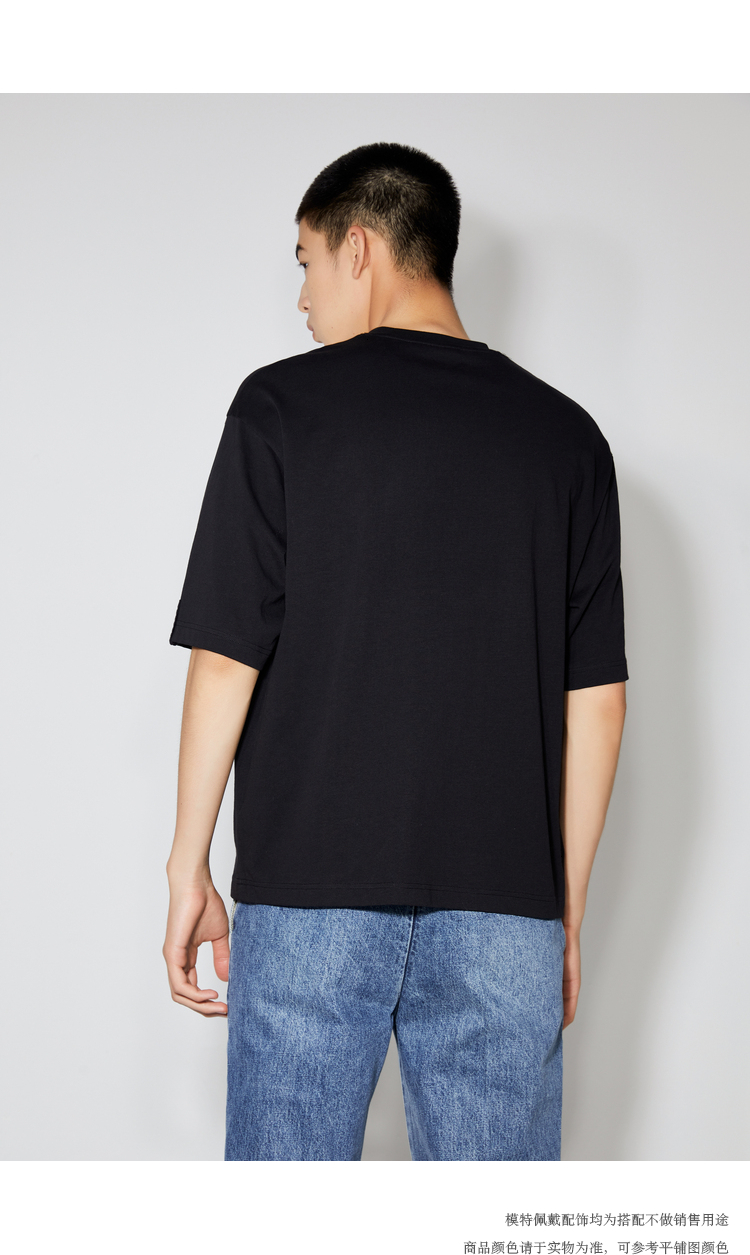 mecity男士冬季新款时尚编织圆领休闲短袖细节港风t恤508447煤黑175
