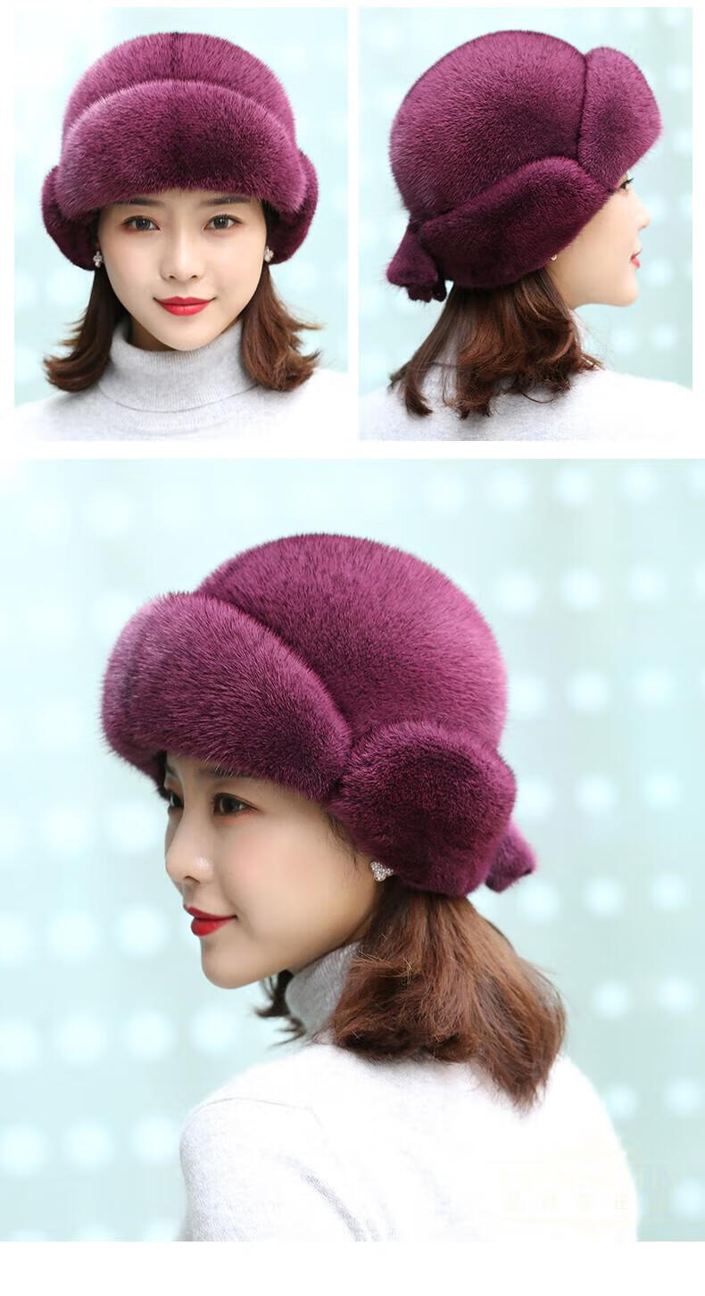 法玛莎品牌水貂毛帽子女冬季护耳保暖皮草帽子东北真皮时尚女帽整貂