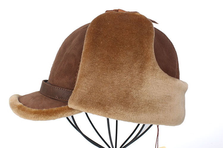 马聚源中老年男士户外休闲保暖中耳帽羊皮羊毛大耳朵棒球帽出游百搭街