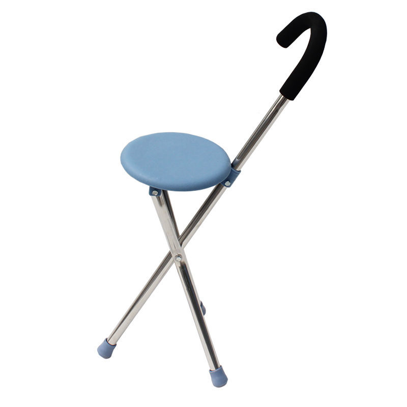 老人拐杖凳子老年人拐杖椅四脚折叠多功能带座防滑脚拐棍手杖凳 带灯