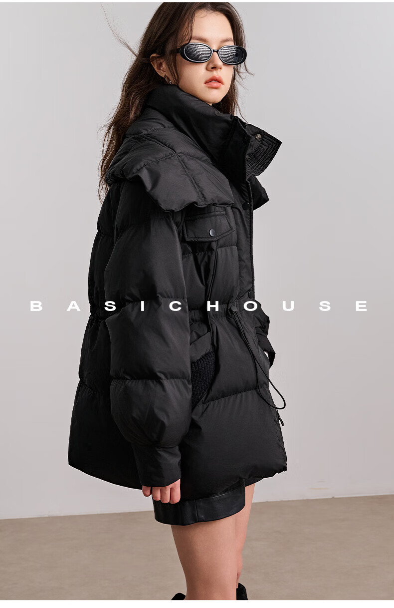 BASIC HOUSE/百家好工装风冬季2024鸭绒保暖灰绿色抽绳收腰羽绒服女2024冬季鸭绒保暖外套 灰绿色 M详情图片15