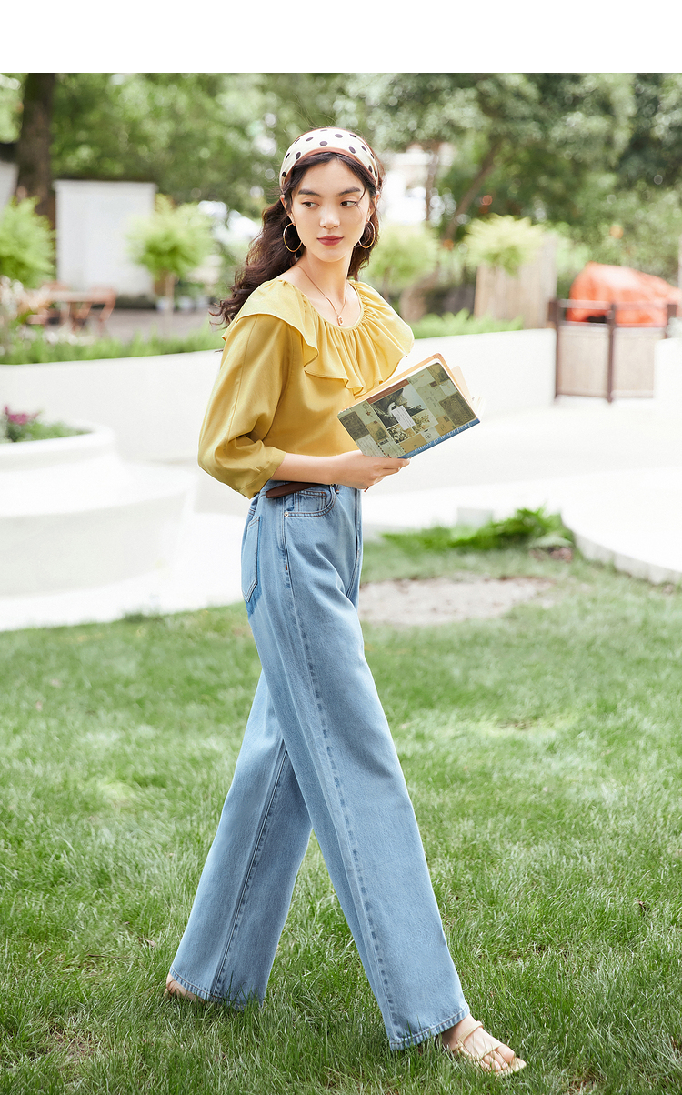 伊芙丽牛仔裤女夏季薄款2021高腰显瘦直筒裤阔腿裤宽松拖地裤子女