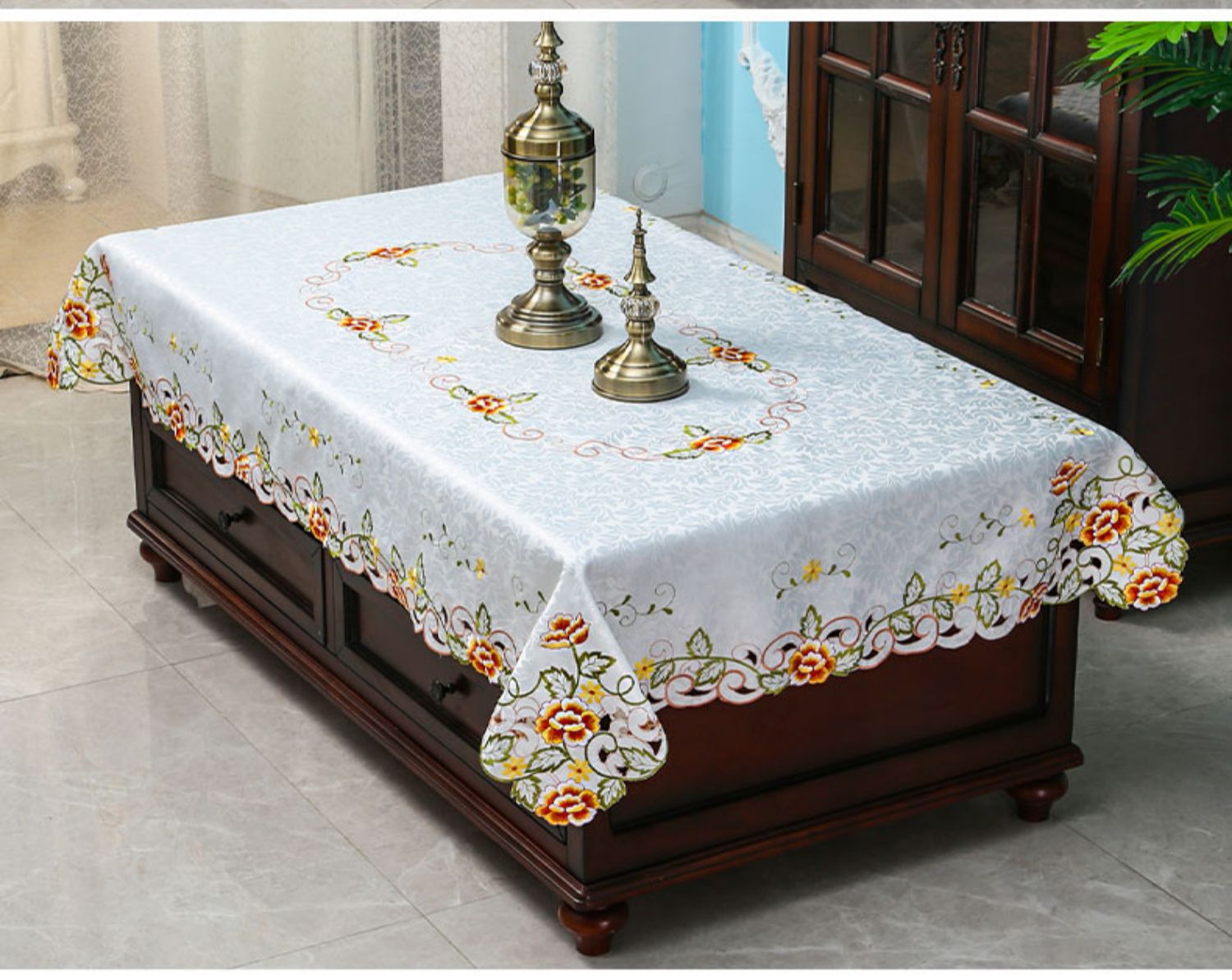布艺茶几桌布餐桌台布刺绣绣花桌垫长方形现代简约防尘套罩盖巾布819