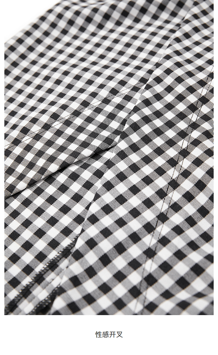 三彩2021夏季新款不规则黑白格纹半身裙性感开叉时尚百搭名媛女 黑白