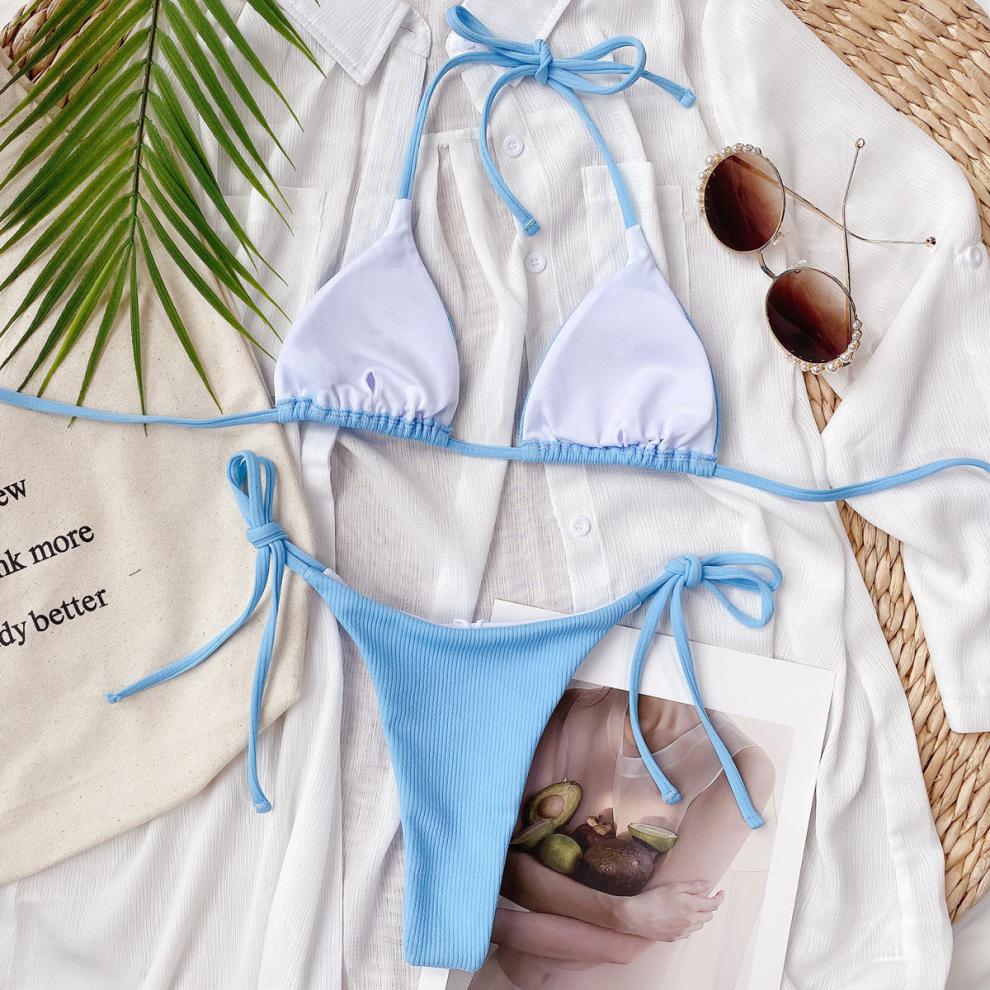 色欧美沙滩系带比基尼性感三点式年夏季分体泳衣bikinirpgv 天蓝色 s