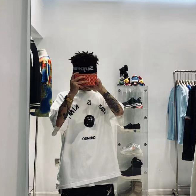 kanye侃爷美式潮牌芝加哥发泡字母印花高街t恤男女夏半袖上衣 黑色 l