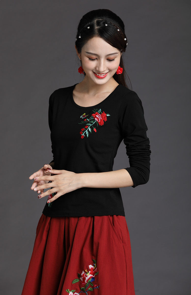 民族风上衣中国风女装春装刺绣修身大码打底衫绣花长袖t恤女棉玫红色m