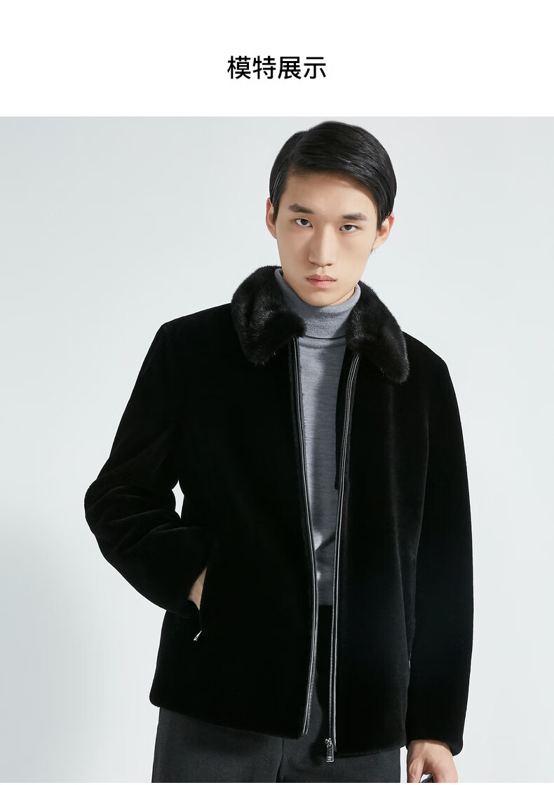 劲霸男装 休闲时尚翻领100%绵羊毛简约水貂领冬季皮草服bphc4304 黑色