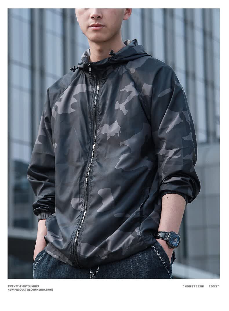 吉普jeep国际品牌迷彩防晒衣男冰丝速干透气加肥加大码防晒服运动连帽