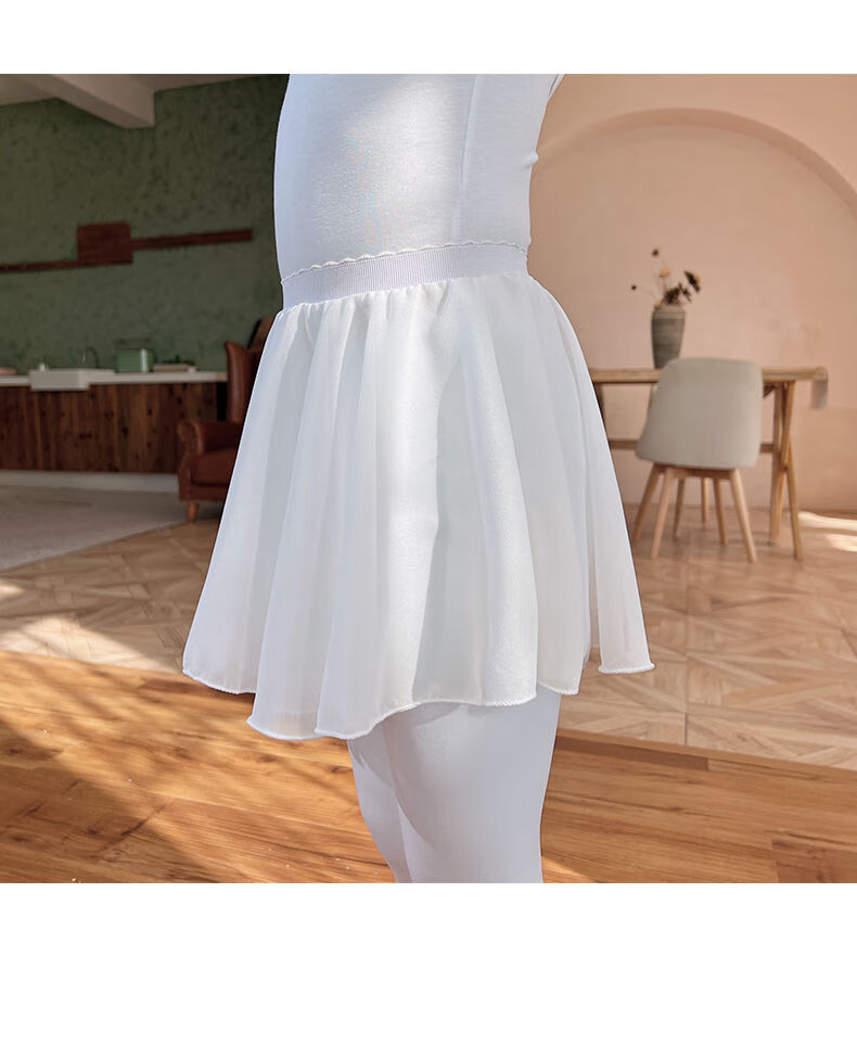 白色雪纺纱裙成人儿童芭蕾舞裙松紧短裙跳舞裙子舞蹈服黑色系带款150