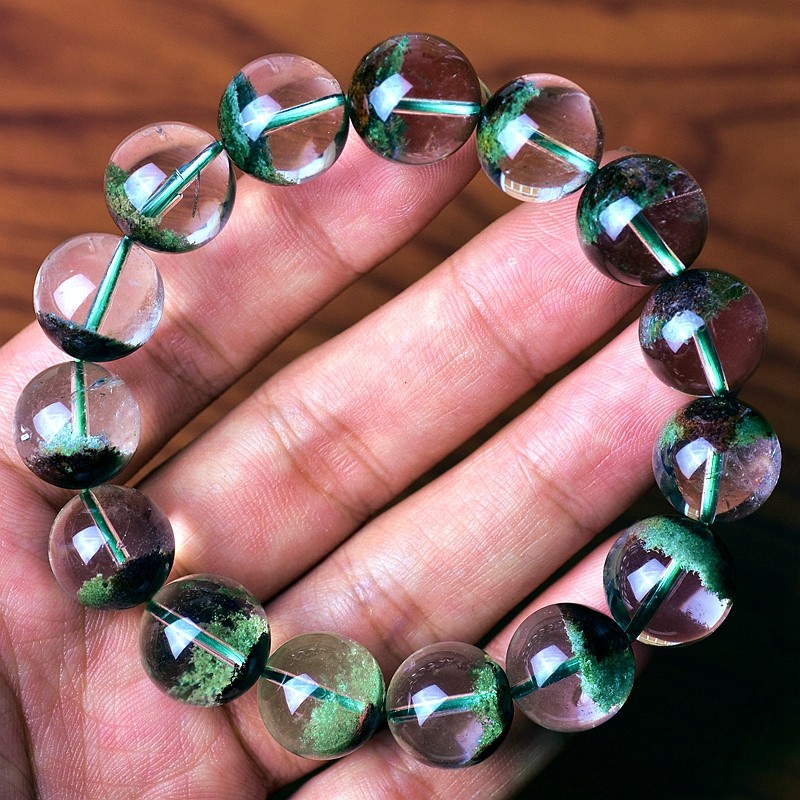 东海水晶 顶妃 绿幽灵手串 男女款一物一图聚宝盆 千层沙满绿绿水晶