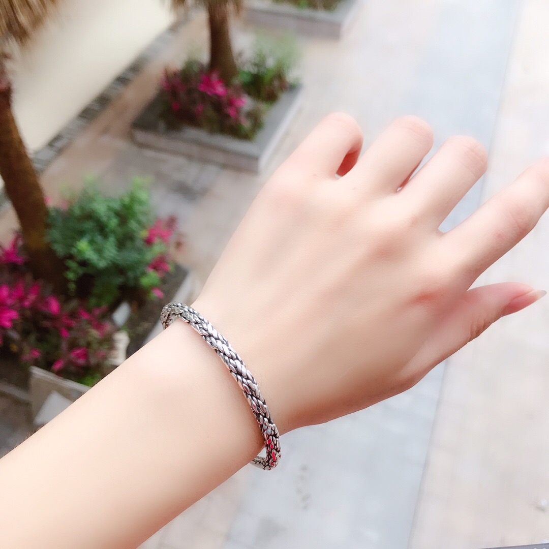 miflame足银999树藤推拉手镯麻花手工复古编织手镯女礼物刻字麻花手镯