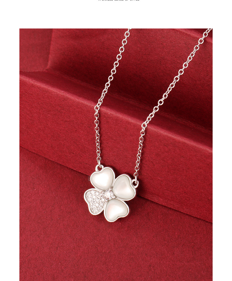 梦动s925纯银镶钻四叶草项链女 欧美时尚白贝母锁骨链简约 银色【925
