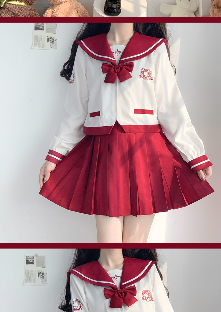 【**jk】原创 **塔 jk制服水手服甜美百褶裙小众日系新年套装 深红色
