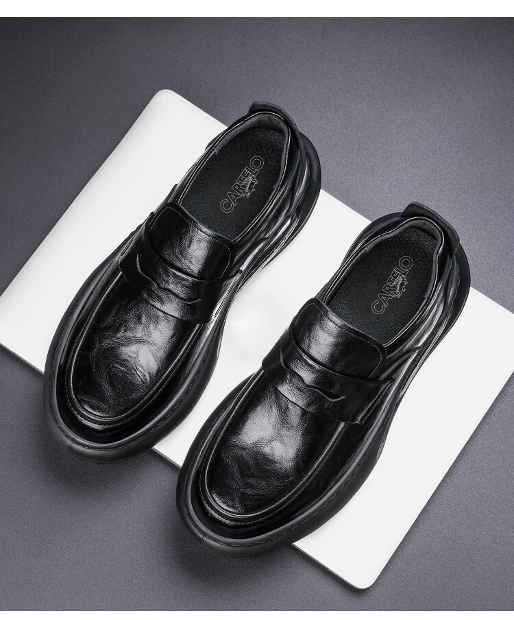 CARTELO Business Casual Leather Shoes with Height-Increasing Air Cushion, Thick-Soled Loafers, Slip-On Elevated Leather Shoes for Men, 9992 Black, Size 40 7