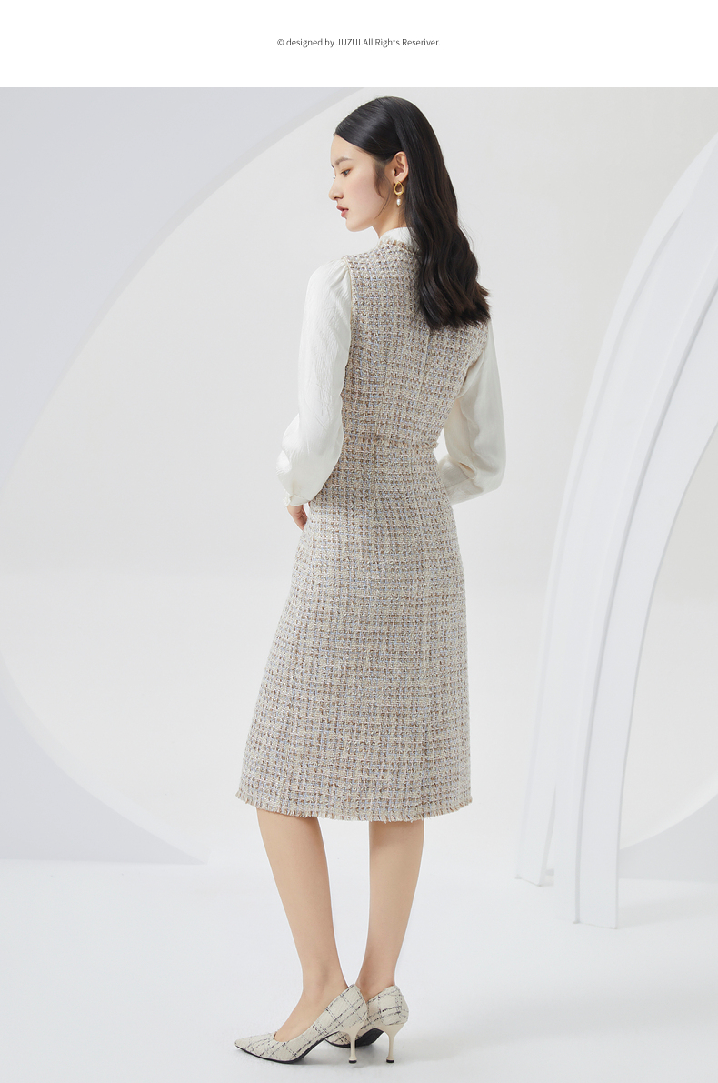 玖姿2021秋季新款浅咖色小香风气质修身女连衣裙 花咖啡 s