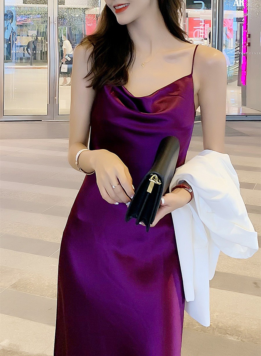 拉夏贝尔真丝连衣裙女紫色吊带连衣裙女夏2021年新款荡领