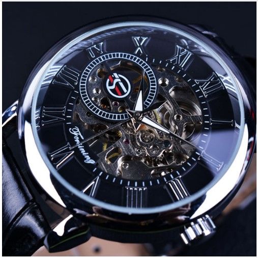 时尚镂空机械手表机械表男士商务学生手表机械表镂空手表皮带黑玫金色