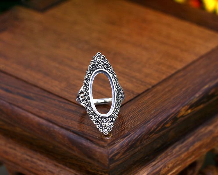 洛华琦s925银戒指空托9*18镶嵌蜜蜡戒面复古活口戒指托13*19戒托10*23