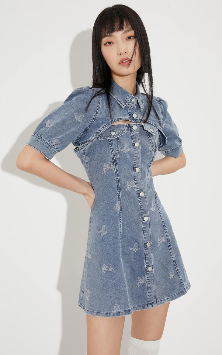 only春季新款修身泡泡袖印花牛仔连衣裙女121342045 j2g牛仔灰 grey