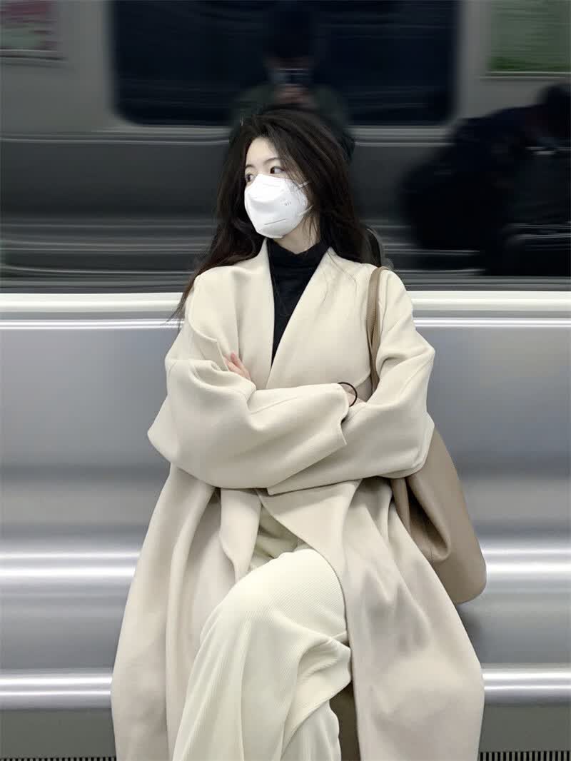 on)高级感赫本风双面毛呢外套女秋冬季装中长款斗篷韩剧女主呢子大衣