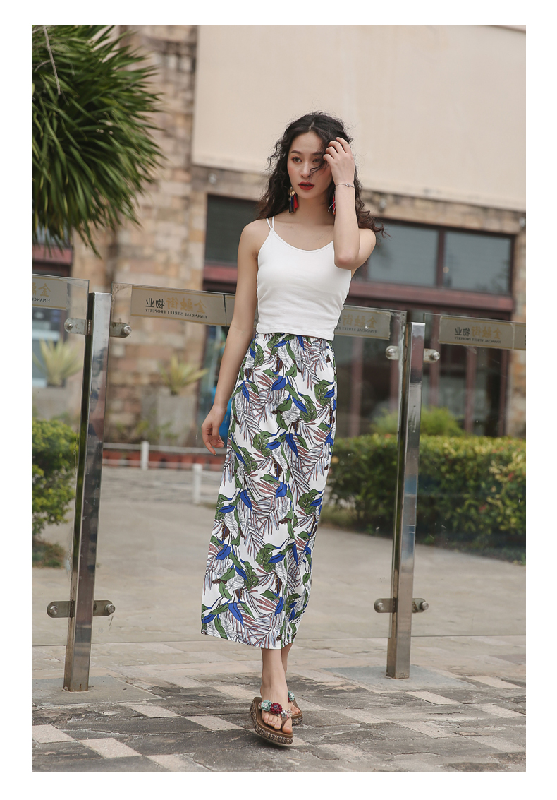 傣族服装泰国西双版纳裙直筒开叉夏休闲海边度假半身雪纺树叶印花修身