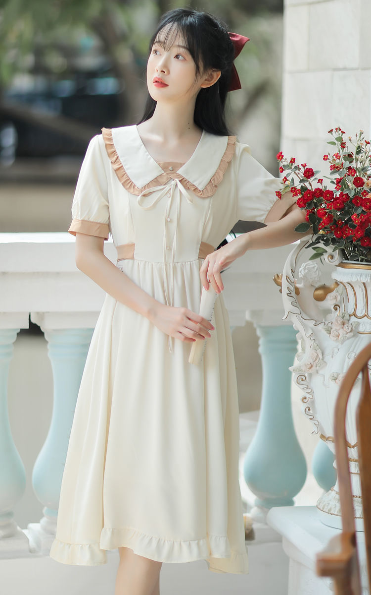 2022夏季新款连衣裙女森系超仙女法式裙气质娃娃领裙子长裙杏色s