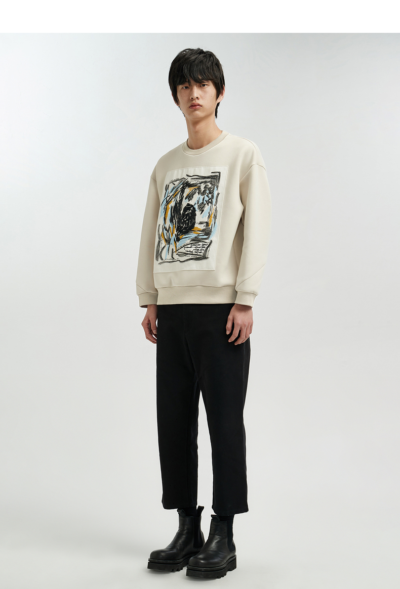 速写男装秋季新款圆领卫衣印花情侣套头长袖时尚宽松休闲简约 001本黑