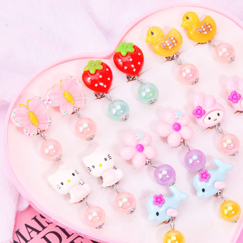 jlmx儿童耳环耳夹无耳洞耳坠流苏公主耳夹女童假耳环耳夹耳钉耳坠套盒