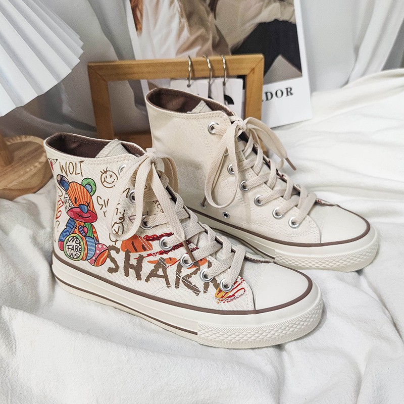 涂鸦鞋卡通涂鸦高帮帆布鞋女小众设计鞋子潮百搭原宿风板鞋可爱少女